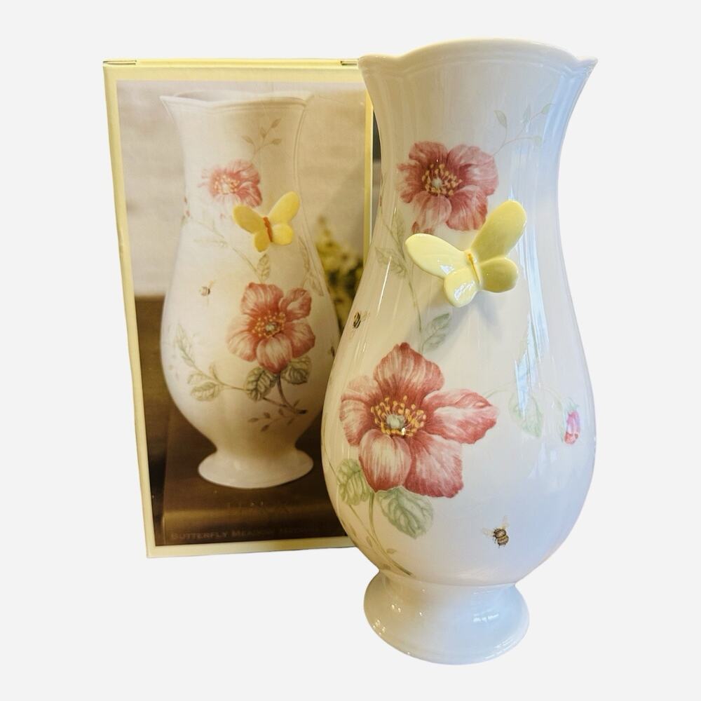 Lenox BUTTERFLY MEADOW 10.5" Porcelain Vase Pink Flowers Bees 3D Butterfly w/Box